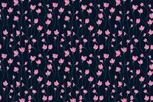 Creative pink florals stems pattern on a back background. Abstract artistic branches with tiny flowers small buds intertwined in a seamless print. hand drawing. Simple ornament for designs vector