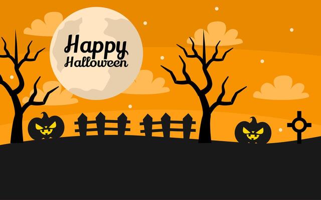 Full moon, orange sky, Halloween greeting, spooky trees, pumpkins, fence, graveyard.