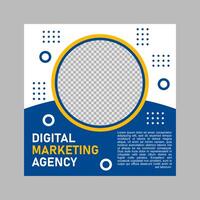White background with blue and yellow circles and text for a digital marketing agency. Perfect for website banners and social media ads. vector