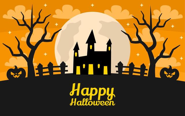 Haunted house, full moon, trees, pumpkins, fence, Halloween greeting.