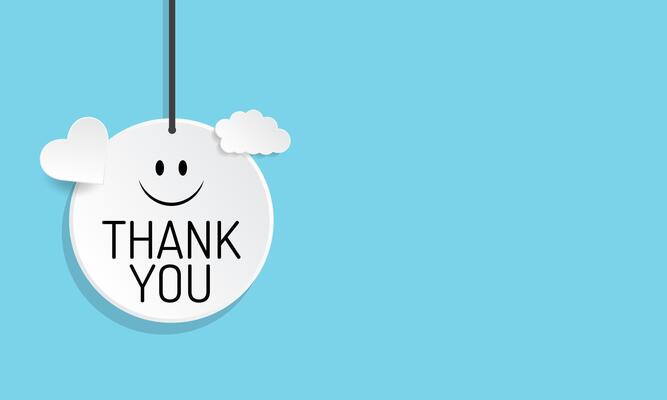 Thank you hanging sign with smiling emoji, heart, and cloud