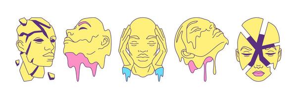 Y2k science fiction melting section faces psychedelic outline illustrations set vector