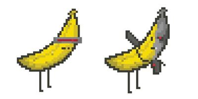 Banana fruit mecha robot figure pixel art, 8 bit character. Isolated illustration vector
