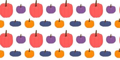Seamless pattern featuring of pumpkins in different colors. The pumpkins are arranged evenly on a white background, creating a festive and playful autumn design. vector