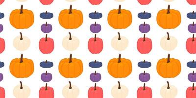 Seamless pattern featuring colorful pumpkins. pumpkins are evenly spaced on a white background, creating a playful and festive autumn design. Ideal for seasonal decor. vector