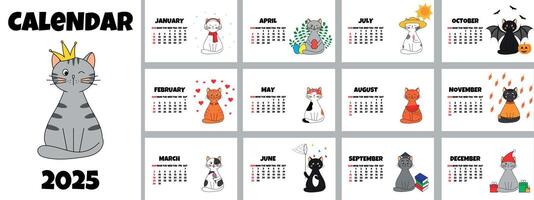 Wall calendar for 2025 with cute flat style cats. Different cats for each month. Set of 12 pages. illustration vector