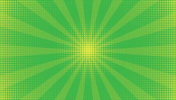 Pop art halftone background. Comic green starburst pattern. Cartoon banner with dots and rays. illustration vector