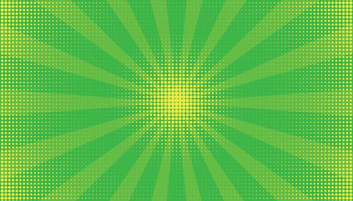 Pop art halftone background. Comic green starburst pattern. Cartoon banner with dots and rays. illustration