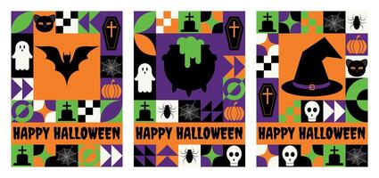 Set of Happy Halloween greeting cards or posters with modern abstract geometric pattern vector