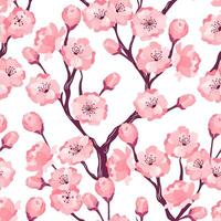 Floral delicate seamless texture with spring cherry blossom branch on transparent background Pink color blooming sakura illustration repeatable textile wallpaper, wrapping paper, print, calico pattern vector