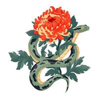 Snake with autumn bright chrysanthemum illustration template for 2025 Year of Snake Flowers composition with symbol of the Chinese new year. Typography for print on tee, card, flyer, banner vector
