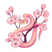 Snake with spring cherry blossom branch illustration template for 2025 Year of Snake Flowers sakura composition with symbol of Chinese new year. Typography for print, tee, card, flyer, banner vector