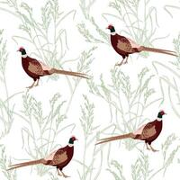 Seamless pattern with hand drawn pheasants and plants, grass on a white background vector