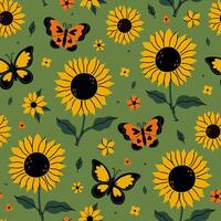 Seamless pattern of sunflowers and butterflies on a green background. graphics. vector