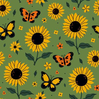 Seamless pattern of sunflowers and butterflies on a green background. graphics.