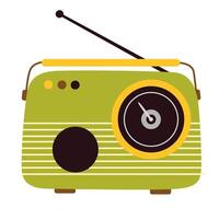 Portable mini vinyl record player with handle. Old retro analog device for grooved discs playing. 50s technology. Mid-century audio equipment. Flat illustration isolated on white background vector