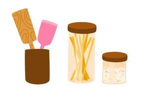 Kitchen utensils, tools, kitchenware. Storage containers, cookware, tableware with condiments, pot with appliances, glass jar with spaghetti. Flat illustration isolated on white background vector