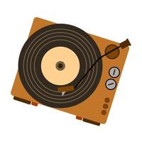 Portable turntable with vinyl playing. Retro music record player in suitcase of 50s. Old gramophone with analog grooved LP disc. Flat illustration of phonograph isolated on white background vector