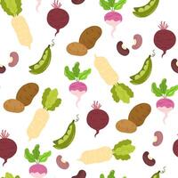 Vegetable pattern, seamless design. Natural vegetarian food background, repeating print, texture. Harvest, beet, radish, turnip and carrot, endless fabric, textile, wrapping. Flat illustration vector