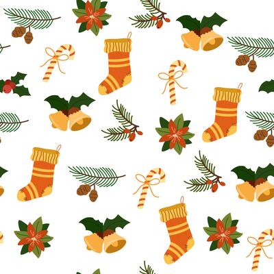 Christmas holiday flat seamless pattern. Winter holiday background. Festive Xmas texture. Traditional seasonal backdrop. Creative New Year wallpaper, textile, wrapping paper design