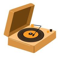 Portable turntable with vinyl playing. Retro music record player in suitcase of 50s. Old gramophone with analog grooved LP disc. Flat illustration of phonograph isolated on white background vector