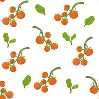 Cherry tomatoes and basil, seamless pattern. Endless vegetable background. Natural food, vegetarian repeating print. Repeatable texture design. Flat illustration for textile, fabric, wrapping vector