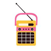 Retro portable radio with speaker and antenna. Old music receiver with loudspeaker. Small wireless audio equipment in 80s and 90s style. Flat illustration isolated on white background vector