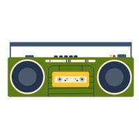 Retro tape recorder in 80s and 90s style. Cassette audio player with loudspeakers and handle. 1980s stereo boombox. Old-school equipment. Flat illustration isolated on white background vector
