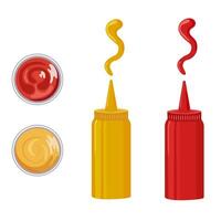 sauces for fast food on a white background. Yellow and red bottle. A bottle of mustard and ketchup. Ceramic sauce pan with sauces vector