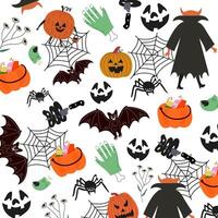 Happy Halloween day pattern. Background holiday design with pumpkin, spider, zombie hand, web, vampire and bat. Scary pattern vector