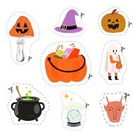 Happy Halloween stickers with dashed line for cutting. Cartoon set of halloween elements, a ghost costume, a pumpkin, a basket of candies, a devil, a magic layer, an amanita and a cauldron vector