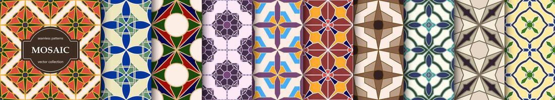 Collection of seamless geometric mosaic patterns - beautiful creative tile textures. Decorative color ornamental backgrounds. repeatable prints vector