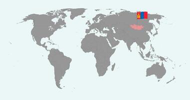 Pin map with Mongolia flag on world map. illustration. vector