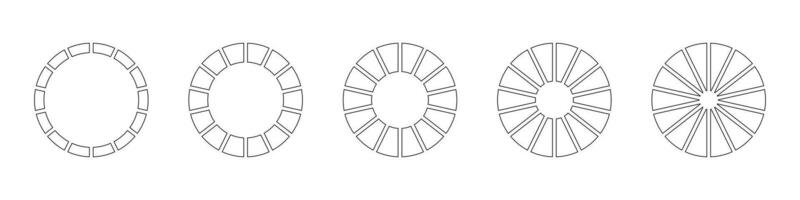 Wheel round divided, 14 sections. Outline donut chart, pies segmented, fourteen equal parts. Diagrams infographic set. Circle section graph line art. Pizza chart simple icon. Coaching tool. vector