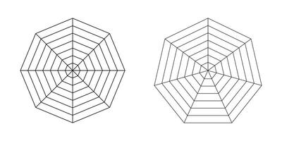 Octagon, heptagon radar, spider diagram template. Spider mesh. Polygon graphs. Diagram for statistical, analysis. Blank radar charts. Coaching tool. Grid with segments. Pie chart. Graphic illustration vector