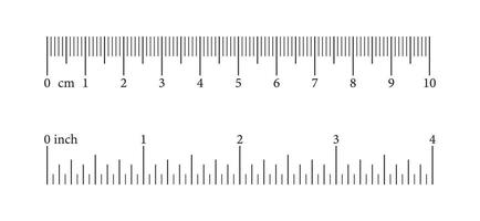 Measuring chart with 10 centimeters, 4 inches. Ruler scale with numbers. Length measurement math, distance, height template. Sewing tool. Metric, imperial units. vector