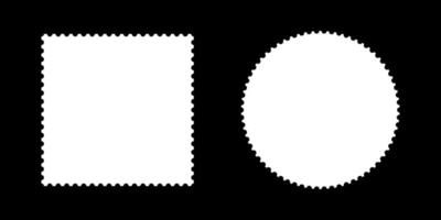 Postage white stamp template frames. Blank circle, rectangular vintage stamps. Empty borders, backdrops for postcards, letters. Tags, labels, coupons, boxes with curvy, wiggly, wavy perforated edges. vector