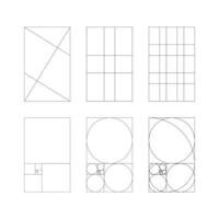 Golden ratio templates. Harmony proportions. Method golden section. Golden proportion. Fibonacci array, numbers. Line graphic illustration. vector