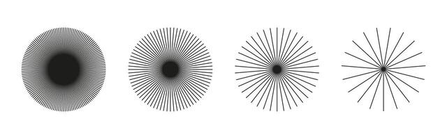 Sunburst element, radial stripes. Sun star rays. Set ray beam, burst. Radial circle radiation lines. Circulars lines. Spokes with radiating stripes grid. Outline graphic. Abstract illusion pattern. vector