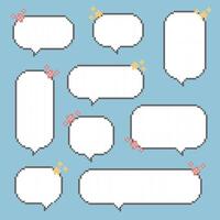 collection set of retro game 8bit pixel speech bubble balloon with flower and star, text box banner, black and white color vector