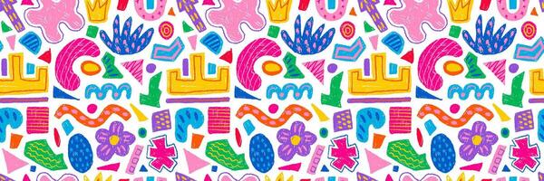 Hand drawn seamless pattern of colorful abstract geometric shapes, forms. collection of contemporary vector