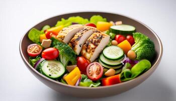 salad bowl with colorfull of fresh vegetables and a protein source, such as grilled chicken or tofu. photo