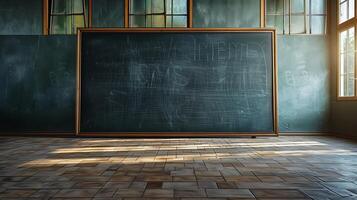 Side view of blank blackboard, even light, smooth texture, no markings. photo