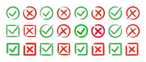 Dirty grunge cross x and tick OK check marks set in check boxes, hand drawn with brush strokes illustration vector