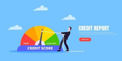 Man pushes credit score arrow gauge speedometer indicator with color levels. vector