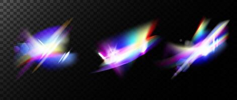 Realistic rainbow flares reflection light elements with overlay effect set. Crystal iridescent leak glare reflection effects. Iridescent optical lights. illustration vector