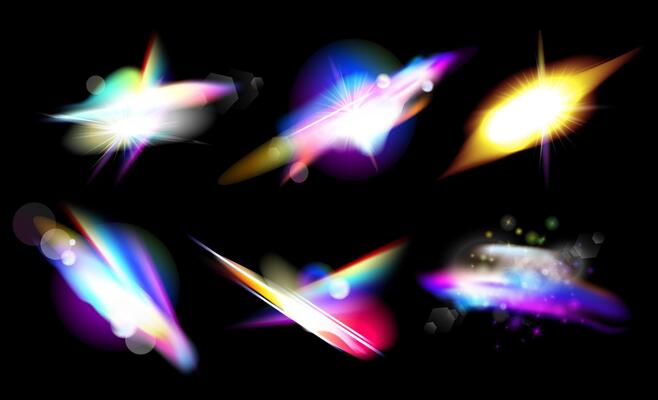 Prism light overlay with Iridescent light effect set. Rainbow crystal light leak flare reflection effect. Optical iridescent refraction texture. rainbow light leak effect set. illustration