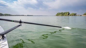hatchet sculling oar on a calm lake, Boyd Lake in Colorado photo