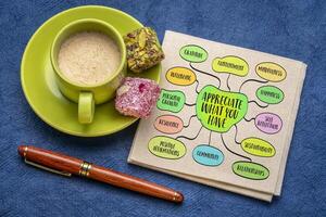 Appreciate what you have, gratitude and contentment with one's current circumstances, possessions, and relationships, lifestyle concept, mind map sketch photo