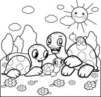 Turtles in the garden. Happy cartoon turtle pet characters in nature. Black and white coloring page. vector